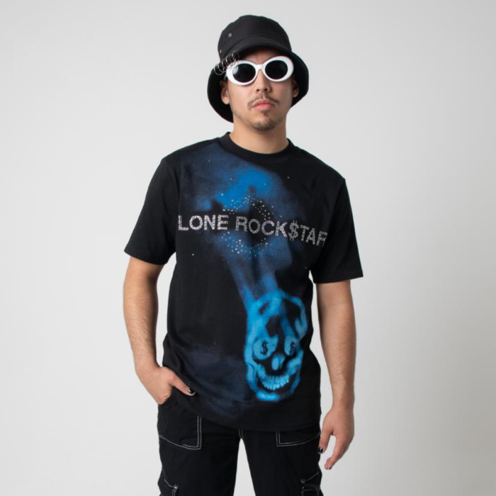 Lone Rock$tar "Eyes on Stars” Black Tee "Actual", Black Shirt, Rhinestone Branding, Lone Rockstar