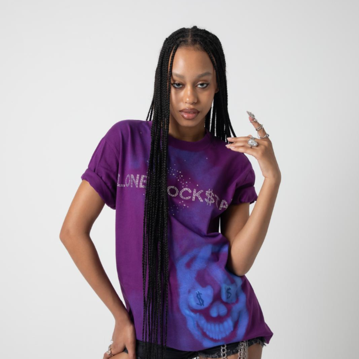 Lone Rock$tar "Eyes on Stars” Purple Tee , Purple Shirt with Rhinestone Branding