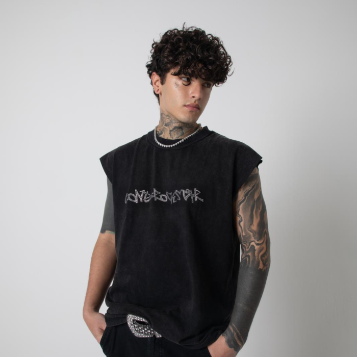 Lone Rock$tar "Melted Rock" Sleeveless Tee, Black Sleeveless shirt with rhinestone branding 
